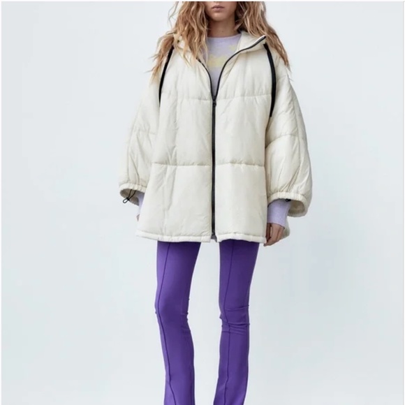 Zara ecru / off white water repellent hooded puffer cape / coat NWT - Picture 12 of 13